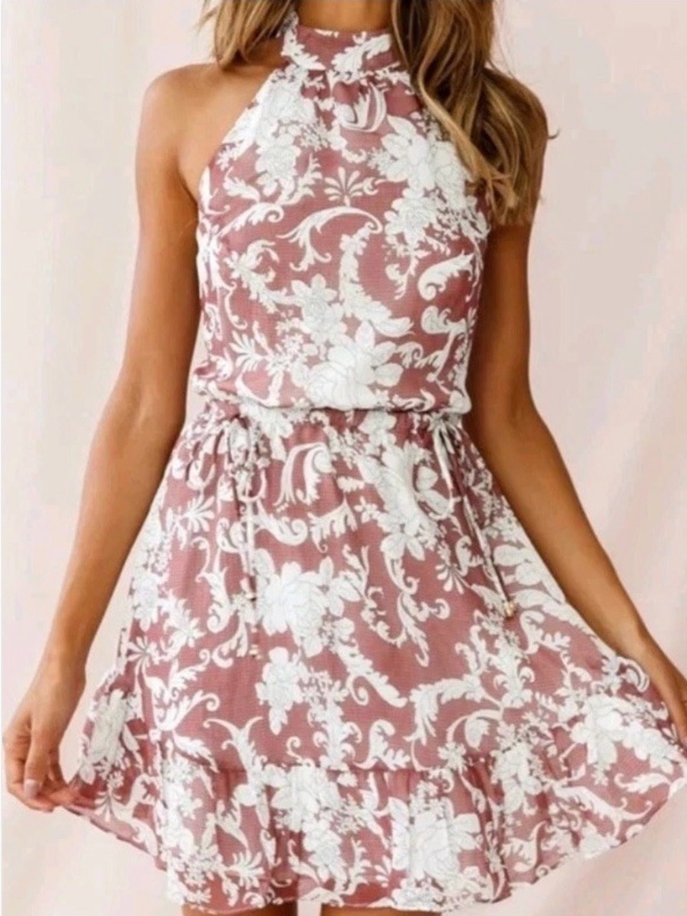Selfie Leslie Ascot Halter Neck Tie Back Dress Size 10/M Maroon White Floral NWT